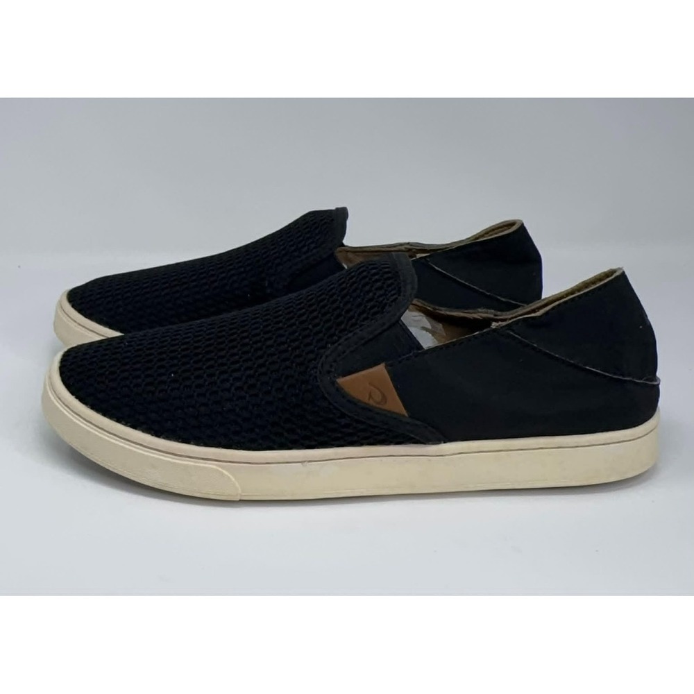 OluKai Pehuea Shoes Womens‎ Size 8 Black Leather Mesh Sneaker Coastal Comfort